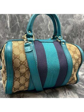 Gucci GG Sherry Line 2-Way Boston Bag Blue Brown